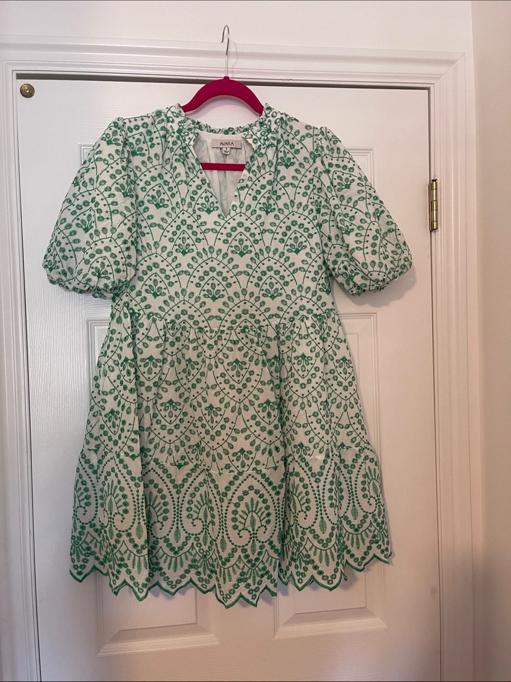 Avara White Dress with Green Eyelet Embroidered Pattern